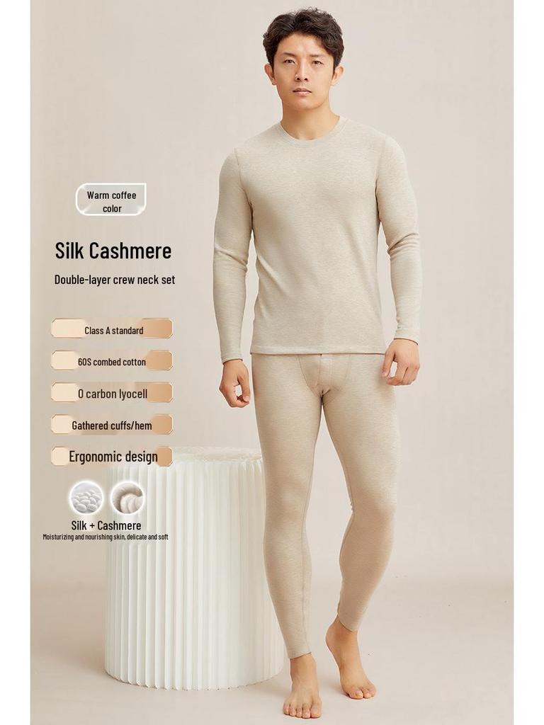 Men's Thick Fleece-Lined Cashmere Silk Base Layer Set for Winter