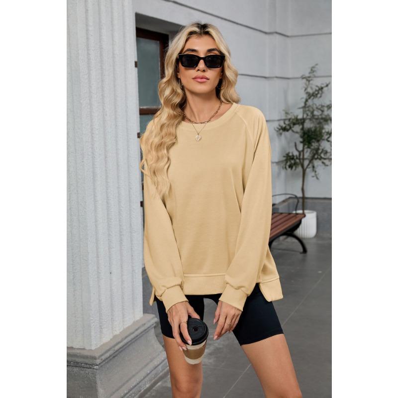 Damen Herbst und Winter Neu Einfarbig Gerippt Rundhals Langarm Lockeres Sweatshirt Top
