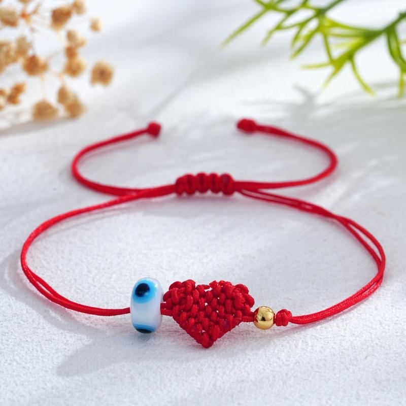 Handcrafted Red Cord Evil Eyes Bracelet With Heart Charm Adjustable Wrist Jewelry For Women Men Friendship Gift
