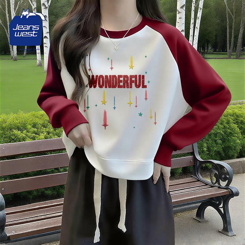 JEANSWEST CLUB Women's American Retro Raglan Crewneck Sweatshirt