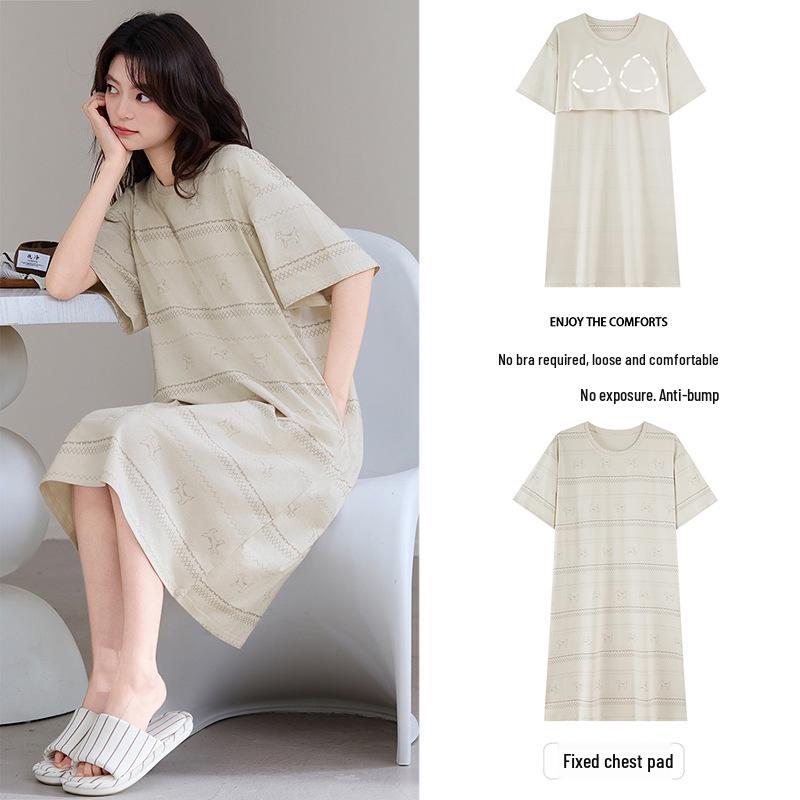 Antibacterial Xinjiang Cotton Nightgown: Women's A-grade Pure Cotton, Chest Pads, Summer Plus Size, Cute Homewear Dress