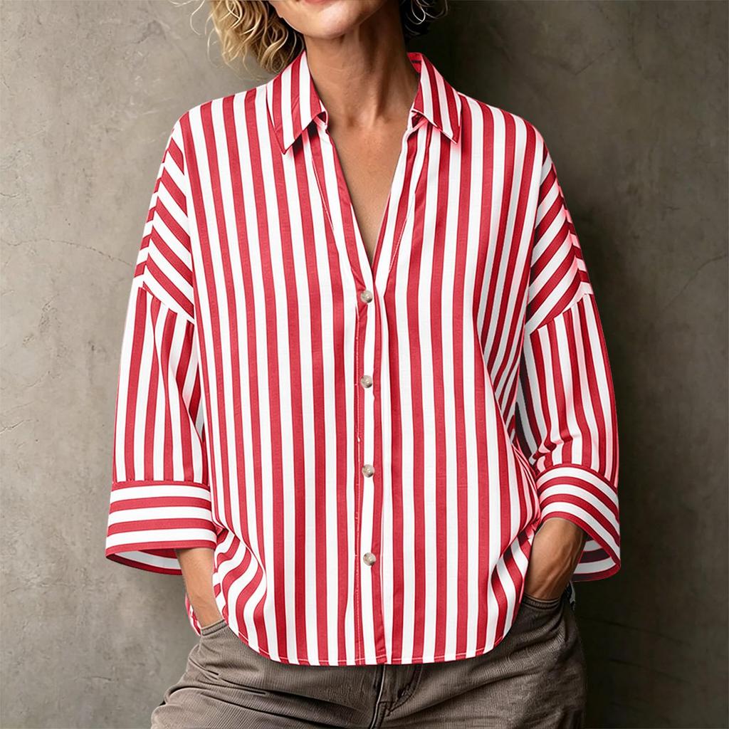 Women's Striped Lapel Button Down Long Sleeve Blouse Loose Fit for Work
