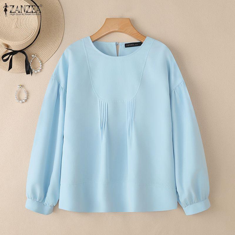 ZANZEA Women Casual Round Neck Solid Color Long Sleeve Blouse