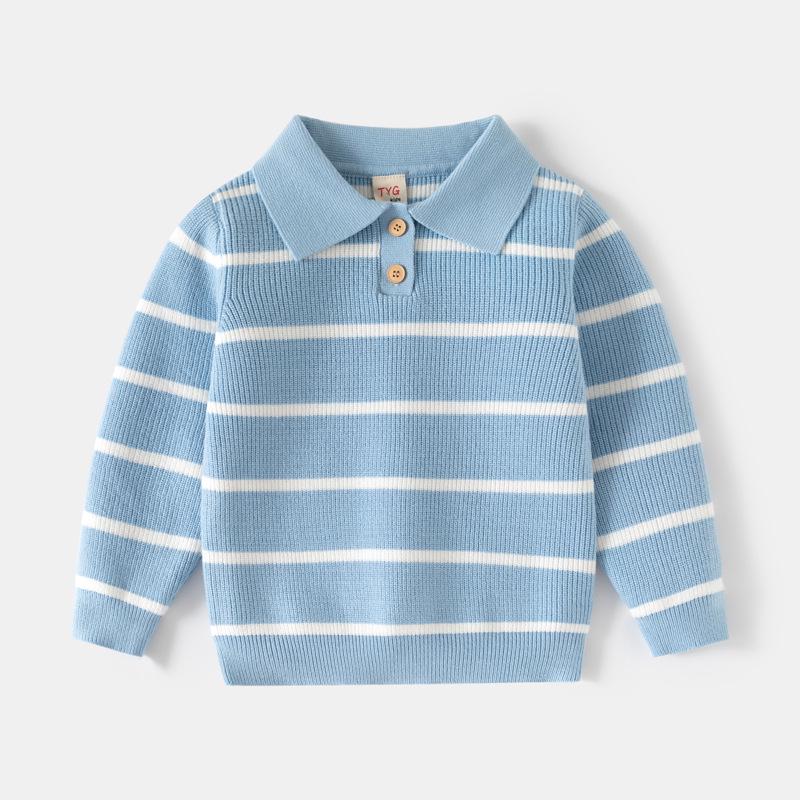 Lapel Sweater for Kids - Autumn/Winter Collection: Boys  Wide Stripe Chunky Knit, Light Blue Top 140 (Recommended height 130cm) светло-синий