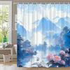 1Pc Fantasy Landscape Bath Curtain - Misty Blue Mountains, Pink Cherry Blossoms & East Asian Pagodas Reflective Lake Ethereal