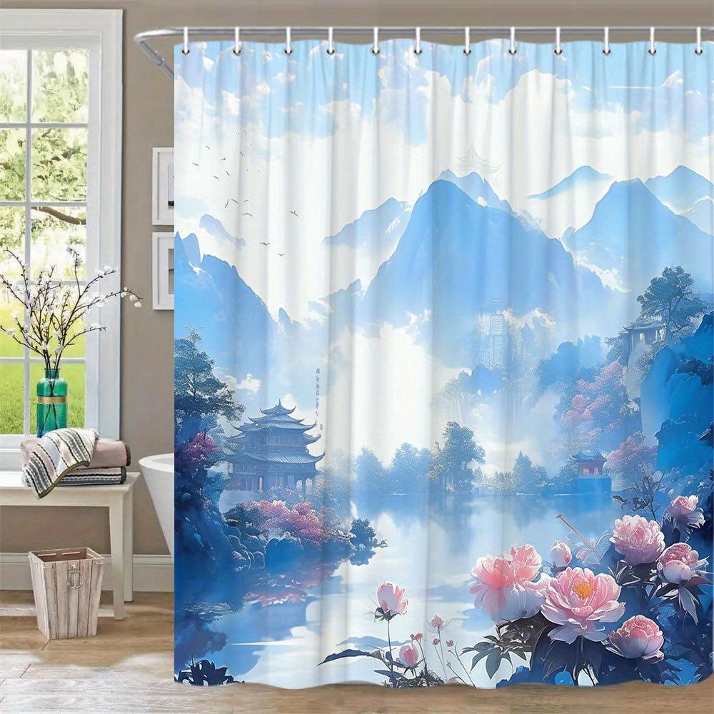 1Pc Fantasy Landscape Bath Curtain - Misty Blue Mountains, Pink Cherry Blossoms & East Asian Pagodas Reflective Lake Ethereal