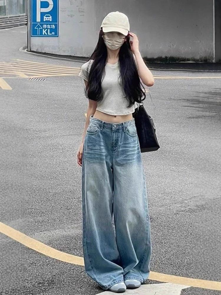

Comfortable Blue Wide Leg Jeans Women Autumn Loose Versatile Slim High Waist Draped Drag Floor Straight Trousers Jeans for Women Long Denim Pants XS