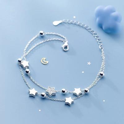 925 Silver Lucky Star Beaded Bracelets for Women Retro Korean Design Double Layered Zircon Star Bracelet Party Jewelry