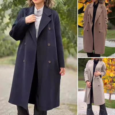 Women's Woolen Coat Autumn Winter Double-breasted Lapel Overcoat Loose-fit Solid Color Warm Long Coat for Office Daily Wear