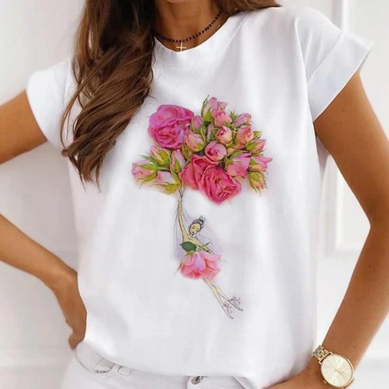 Módní kreativní 3D Rose Flower Grafika Dámské Tričko Letní halenka 90S Volný Trička s krátkým rukávem Bílý výstřih do O Dámské topy Oblečení