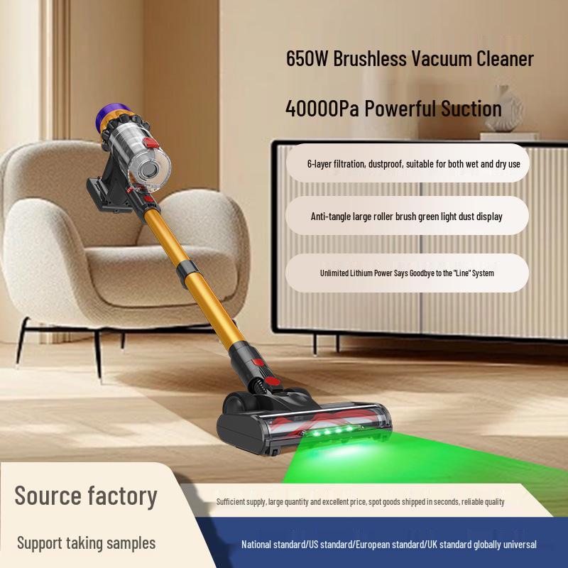 Cross-border 650W Brushless 40KPa Wet & Dry Anti-Tangle Handheld Vacuum with Green Light Dust Display