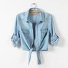 Women's Short Sleeve Lace-Up Denim Shawl Shirt-Jacket