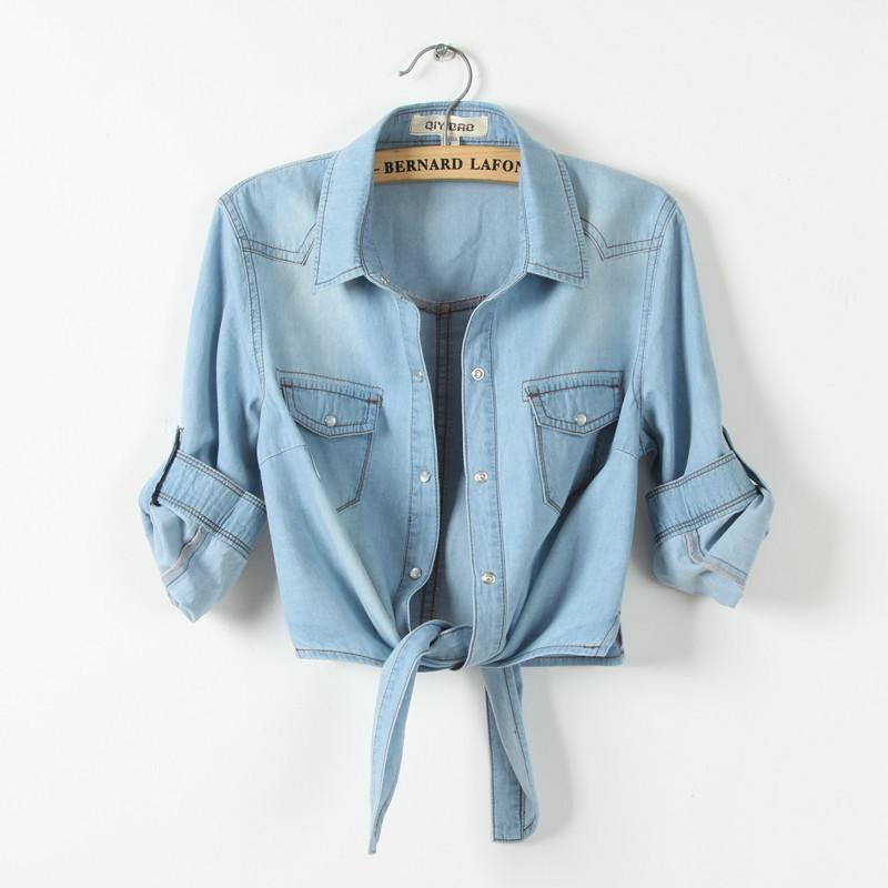 Women's Short Sleeve Lace-Up Denim Shawl Shirt-Jacket