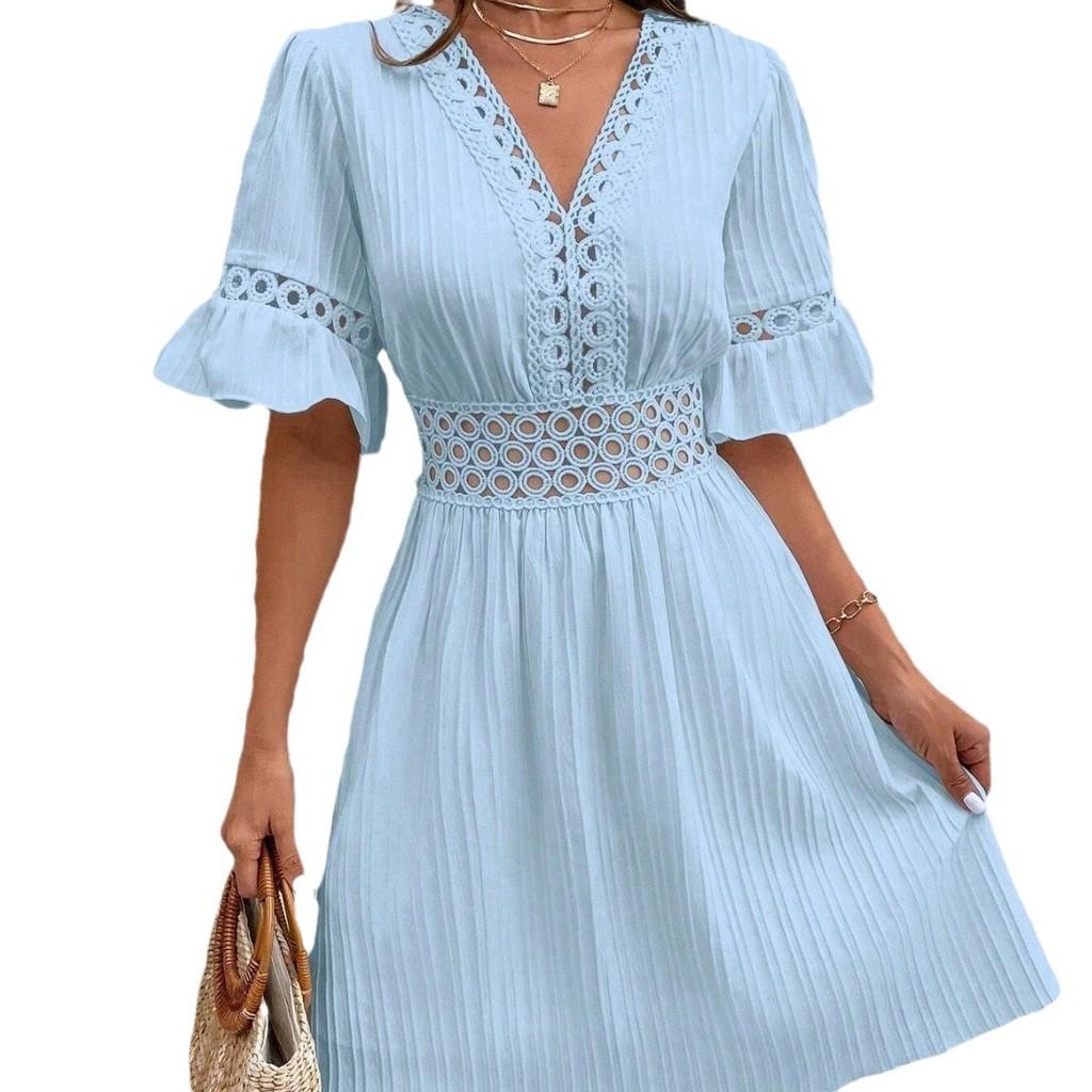 Polyester Lace Patchwork V Neck Waist Dress For Summer Street Style Womens Fashion
