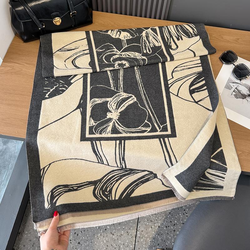 Retro printing contrasting colors double-sided imitation cashmere scarf winter high-end warm shawl women