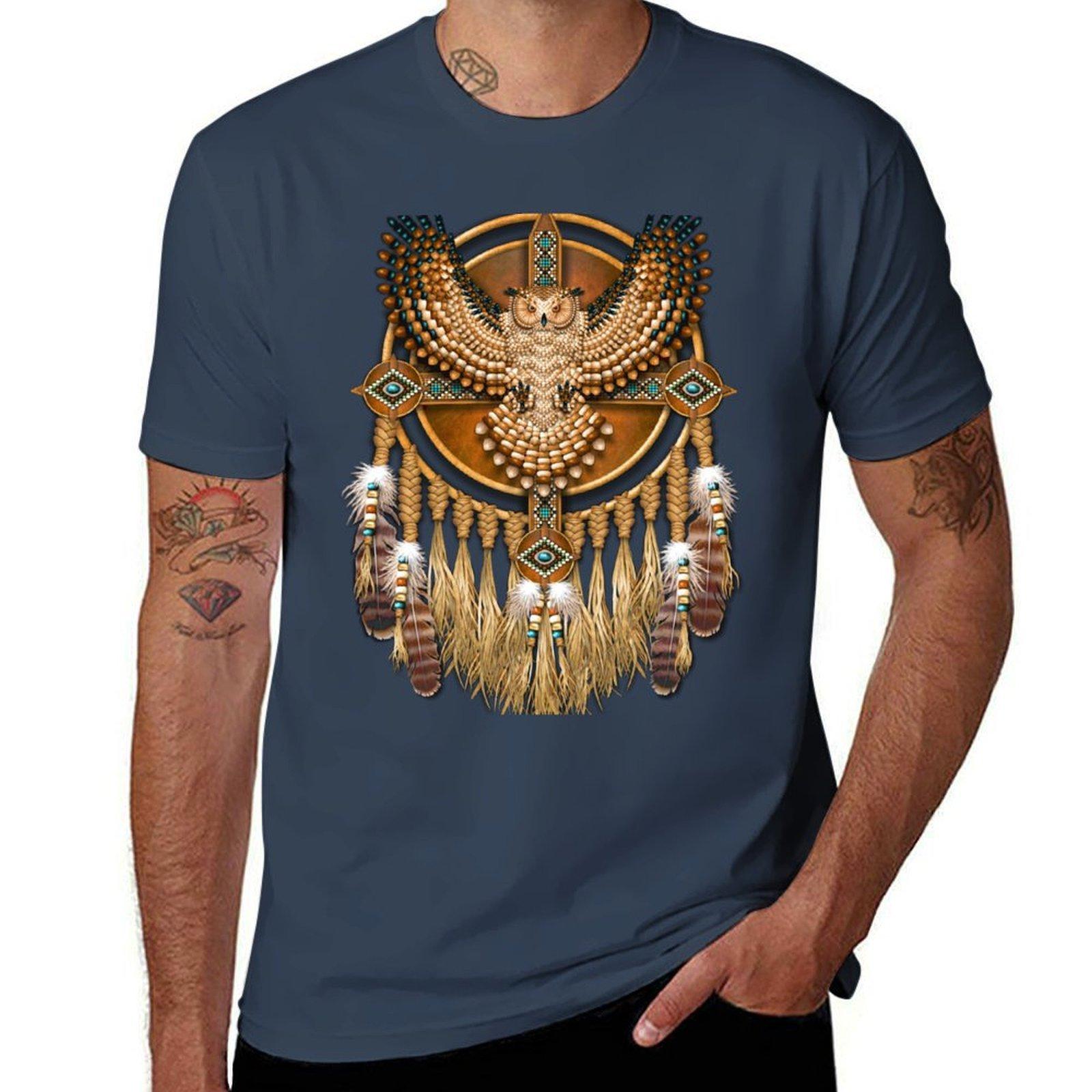 Native American Beadwork Owl Mandala TShirt Basic Casual Short Sleeve Cotton Shirt S