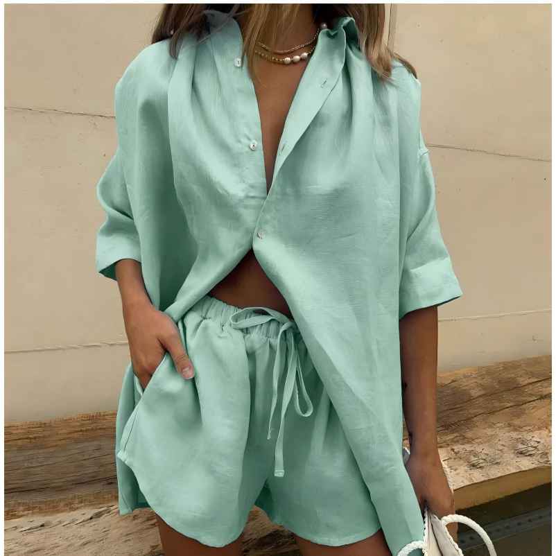 Baumwolle Freizeitanzüge Damen Langarm Sets Hauskleidung Einfarbige Oberteile Damen Shorts Zweiteilige Sets Frühling Sommer