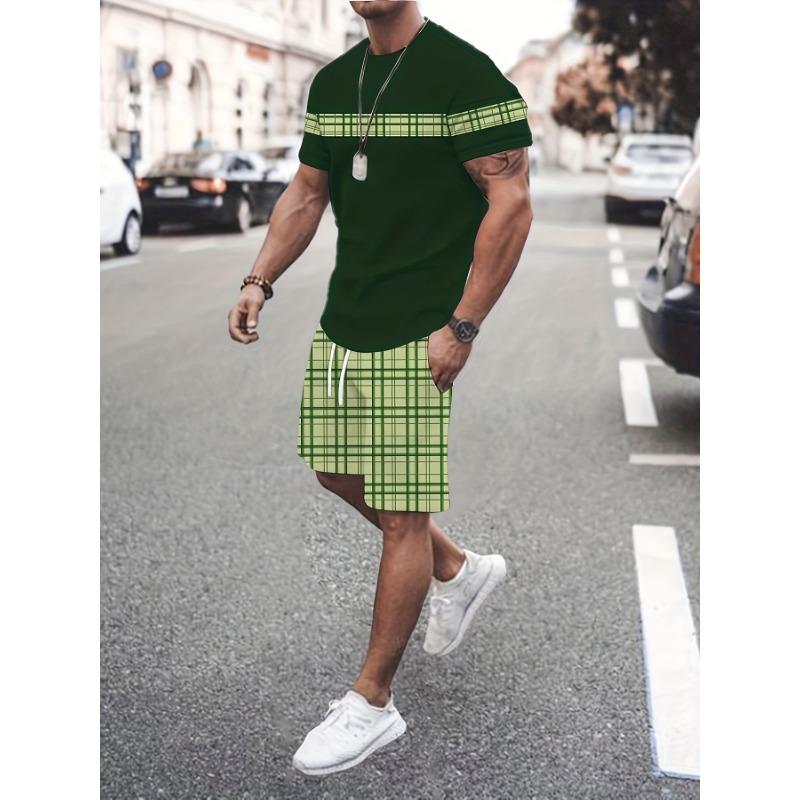 Digitaltryckt Sommar Rutigt Mönster Herr Casual Tvådelat Set, Rundhalsad Kortärmad T-shirt och Shorts med Dragsko och Fickor