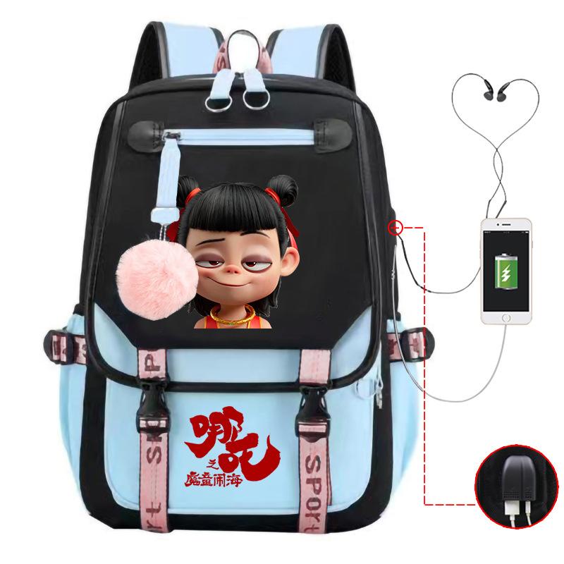 Cartoon Movie Nezha Printing Leisure Burden Reduction Travel Bag Backpack Multi-Function Large Capacity Usb Student Schoolbag