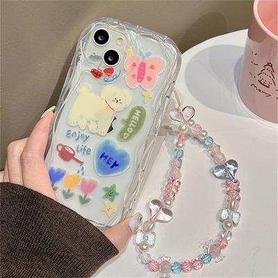 Korean Cute Graffiti Puppy Butterfly Love Heart Bracelet Phone Case For Iphone 14 13 12 11 Pro Max Clear Shockproof Soft Cover