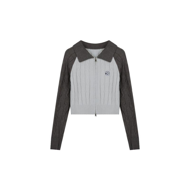 Cardigan short retro contrasting color design knitted sweater women's autumn short inner bottoming shirt double zipper sweater women