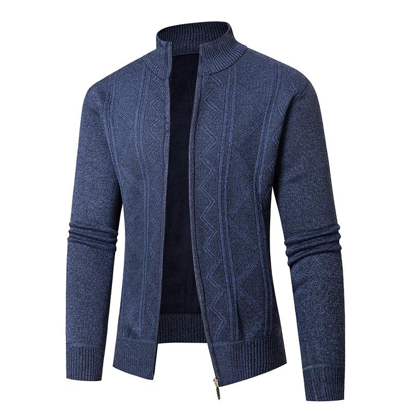 Young Casual Men Stand Collar Plus Velvet Thickened Cardigan Knitted Jacket Jacket Zipper Jacquard Knitted Thread Men