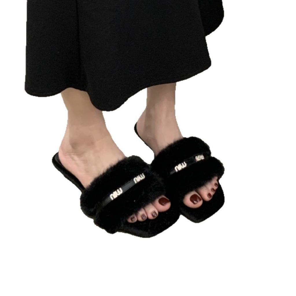 French Retro Flats Women Wear Gray Small Fragrant Style Word with Lazy Fluffy Half Slippers Internet Celebrity Ins