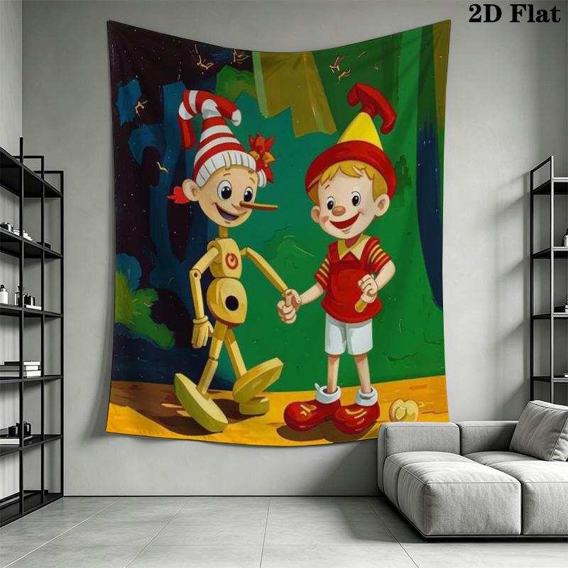 Pinocchio Fairy Tale Tapestry, Two Puppet Friends Print Wall Hanging Tapestry for Bedroom Living Room Background Decor
