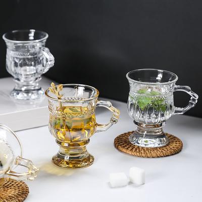 Vintage Embossed Glass Cup Good-looking Girly Heart Water Cups High-Legged Latte Coffee Mug with Handle Afternoon Tea Shot