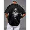 New Summer Men's Polyester Fabric Casual Sports Loose Retro Compass Printed Comfortable Round Neck Short Sleeved T-shirt