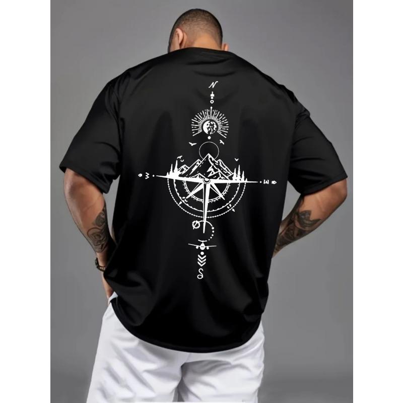 New Summer Men's Polyester Fabric Casual Sports Loose Retro Compass Printed Comfortable Round Neck Short Sleeved T-shirt