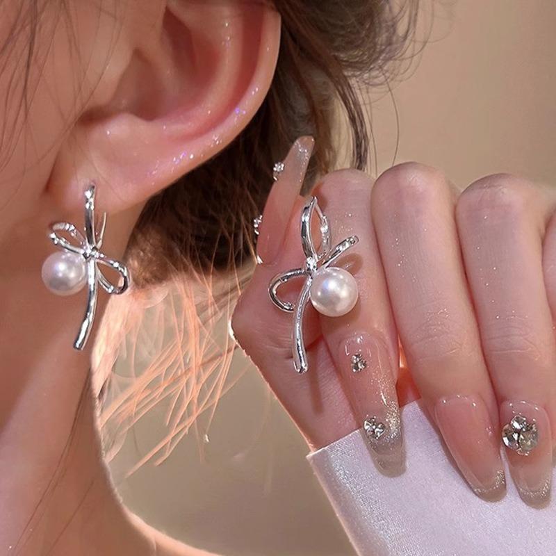 S925 silver needle zircon pearl earrings women's light luxury niche high-end butterfly stud earrings versatile temperament earrings