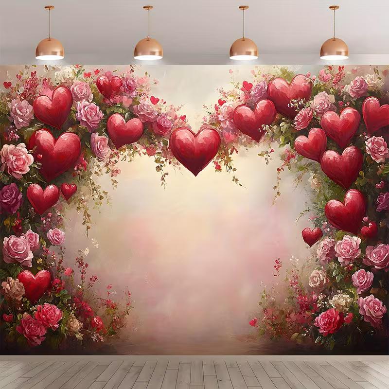 2D Red Heart Rose Photography Backdrop Valentine s Day Floral Background 47.2x31.5inch/120*80cm