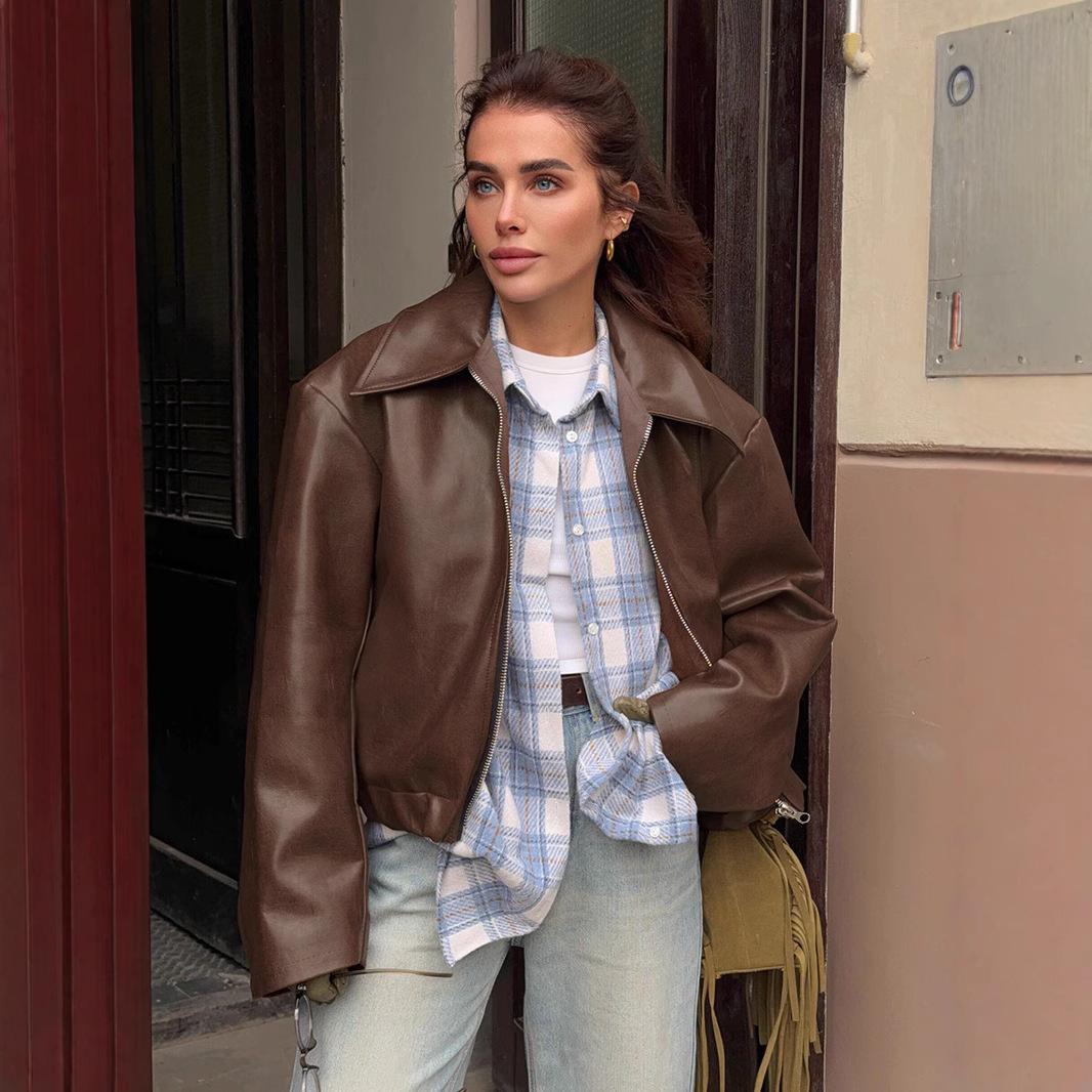 

Women s Burgundy Retro Motorcycle Leather Jacket - 2024 Autumn European & American Matte Style Medium коричневий