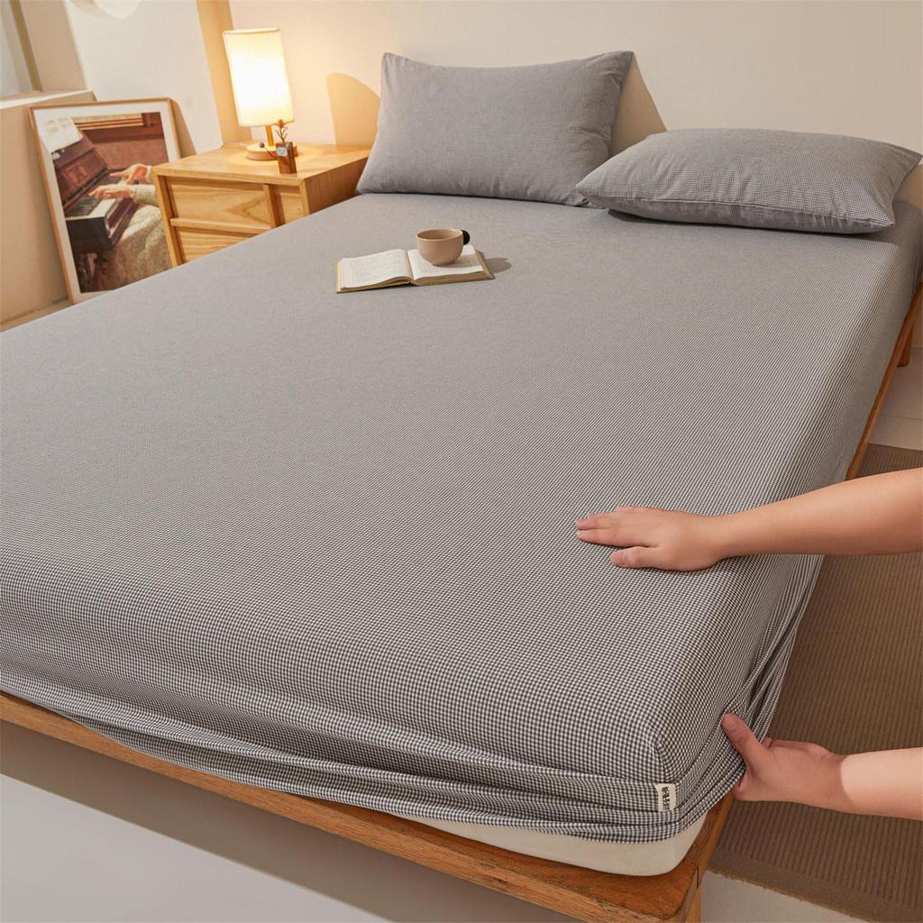 Pure Cotton Weave Washed Fitted Sheet - Solid Stripe Mattress Protector