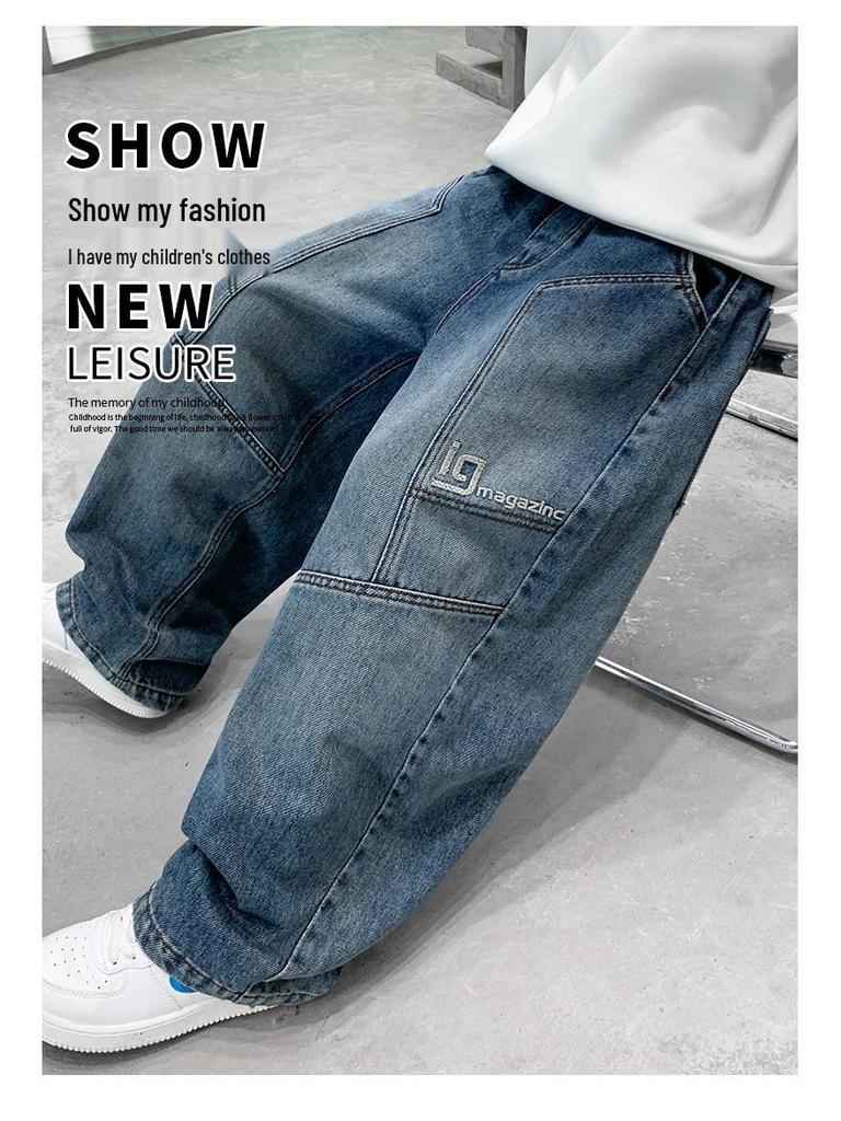 2025 New Boys' Loose Wide-Leg Denim Pants - Stylish and Comfortable for Teens