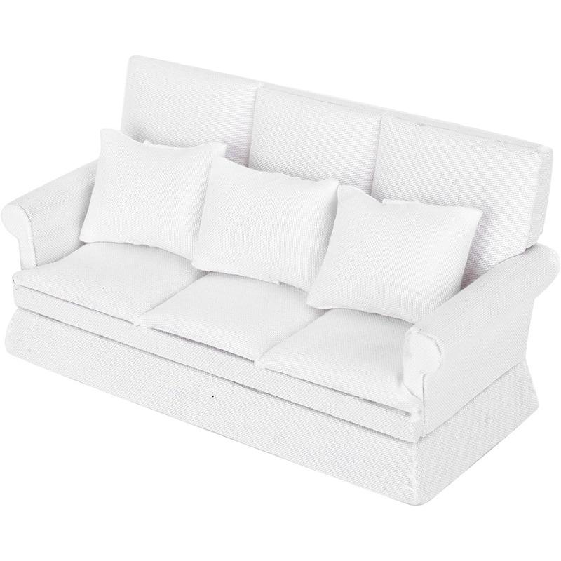 Mini Wooden Dollhouse Sofa 1:12 with 3 Pillows, Highly Simulated Model for Living Room Decoration