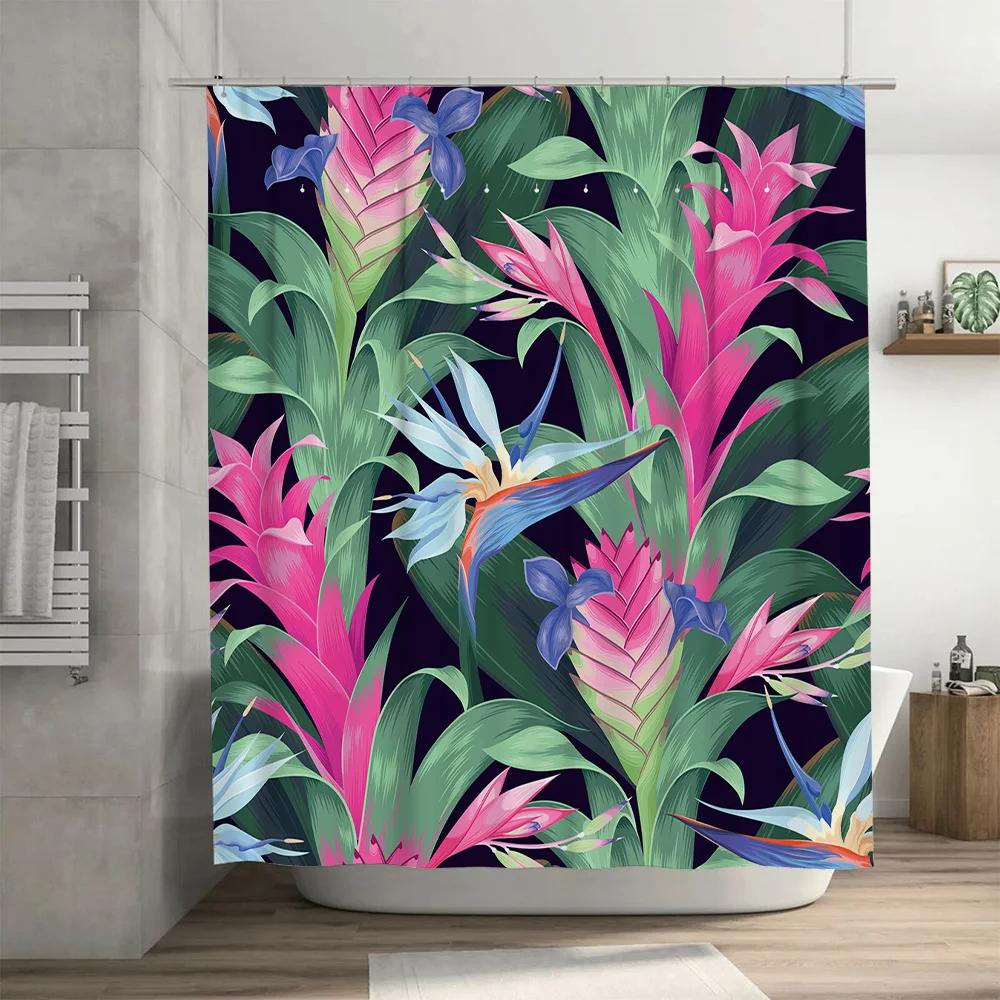 Tropical Floral Print Shower Curtain for Bathroom Decor Waterproof Fabric with Hooks (Green Pink Blue)