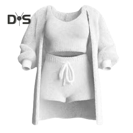 3 Pcs/Set Women Vest Shorts Coat Set Long Sleeve Thick Coat V Neck Sleeveless Top Drawstring Elastic Waist Short Pants Casual Daily Wear Clothes