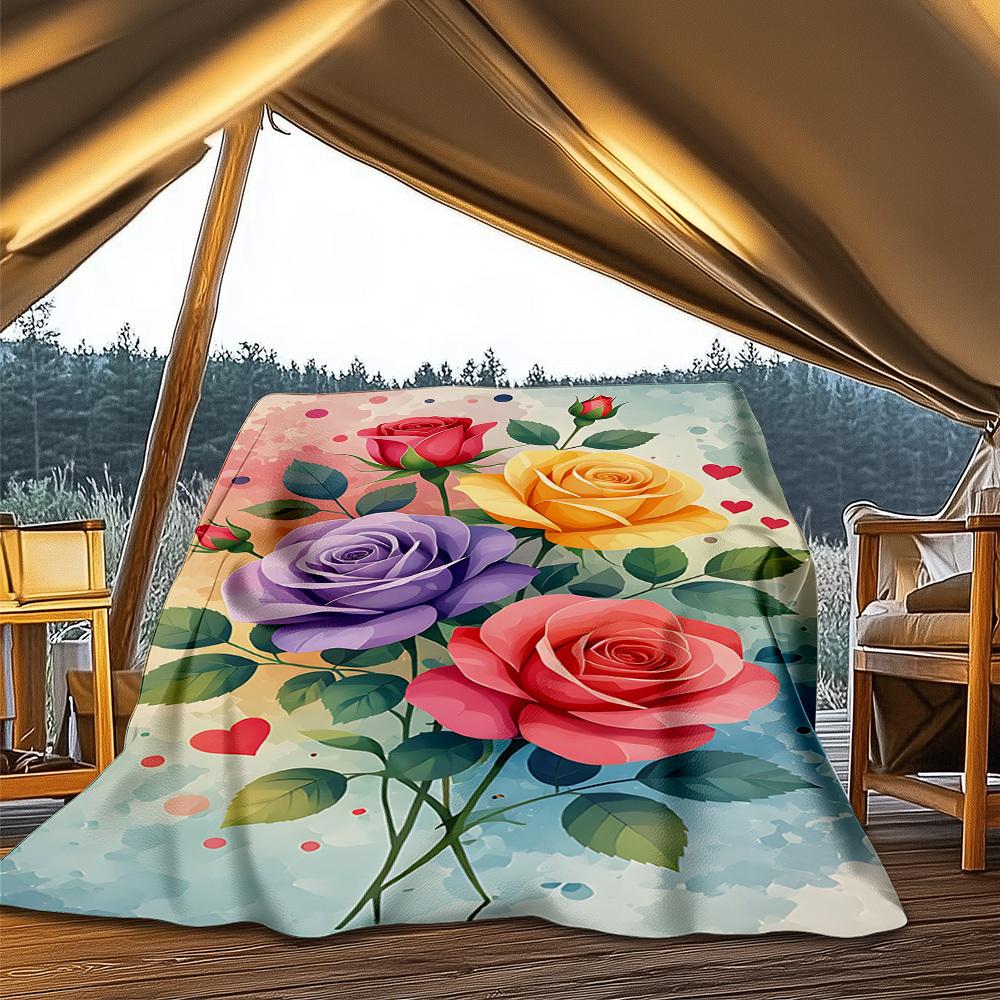 1pc Roses , Floral Outdoor Flannel Blanket Soft All Season Polyester Throw , Perfect for Picnics & Travel , Picnic Accessory