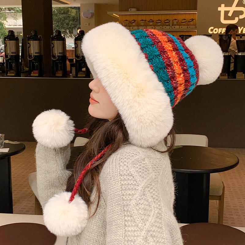 Women's Autumn and Winter Wool Knitted Hat Plush Thickened Warm Windproof Hat Northeast Cold Ear Protection Hat