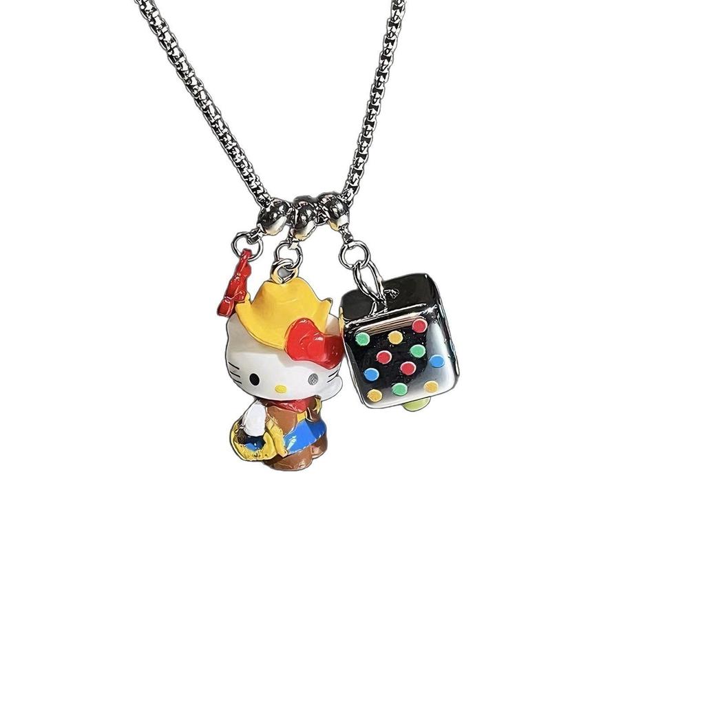 Cute Cartoon Kitty Dice Pendant Necklace for Women, Summer Unique Versatile Clavicle Chain