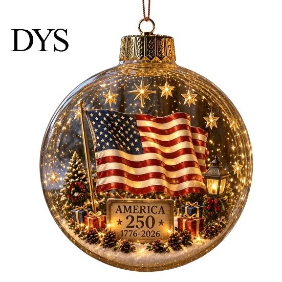 Reusable Party Ornaments 250th Anniversary USA Christmas Ornament, Light Up Plastic Clear Ball Hanging Decoration with Garden Wall Bell Train