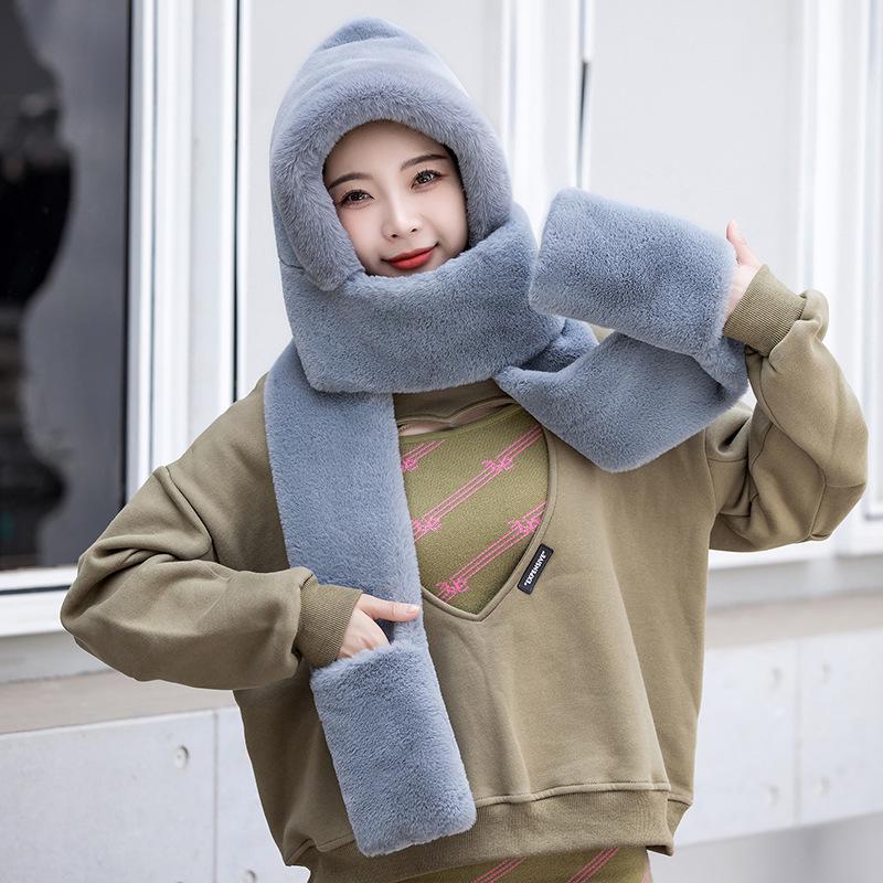 Women's Plush Winter Hat, Scarf, and Gloves Set - Warm, Cold-Proof, Ear Protection, Neck Warmer