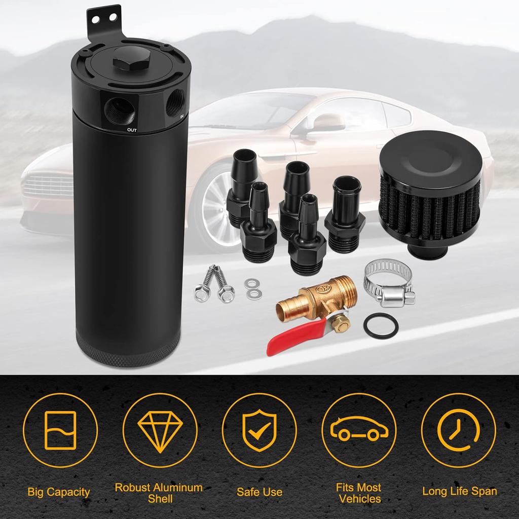 Universal 2 Port Aluminum 750Ml Baffled Oil Catch Can Reservoir Tank With Breather Filter And Drain Valve