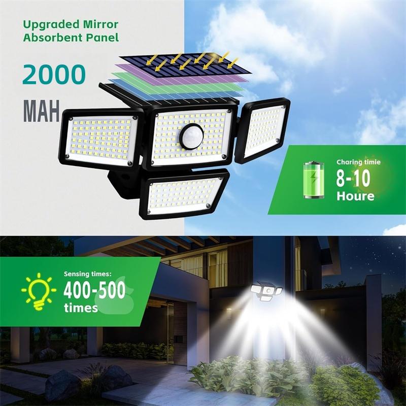 Solar Motion Sensor Flood Lights Outdoor, 283LED 3 Lighting Modes, 3 Head 360° Illumination IP65 Solar Security Lights for Porch