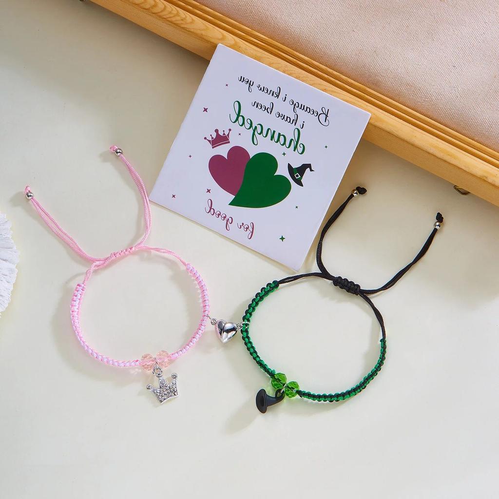 2pcs Magic Stick Hat Crown Matching Bracelets for Women Sweet Pink Green Bead Handmade Stretch Bracelet BFF Jewelry Gifts