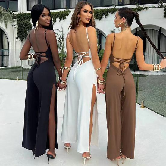 Women Jumpsuit Spaghetti Straps Side High Split Slim Fit Sexy Backless Lace Up