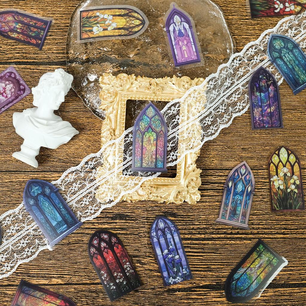 50 Colored Windows Colored Church Pet Handbook Creative Collage Retro European Architecture Stickers Diy Luggage