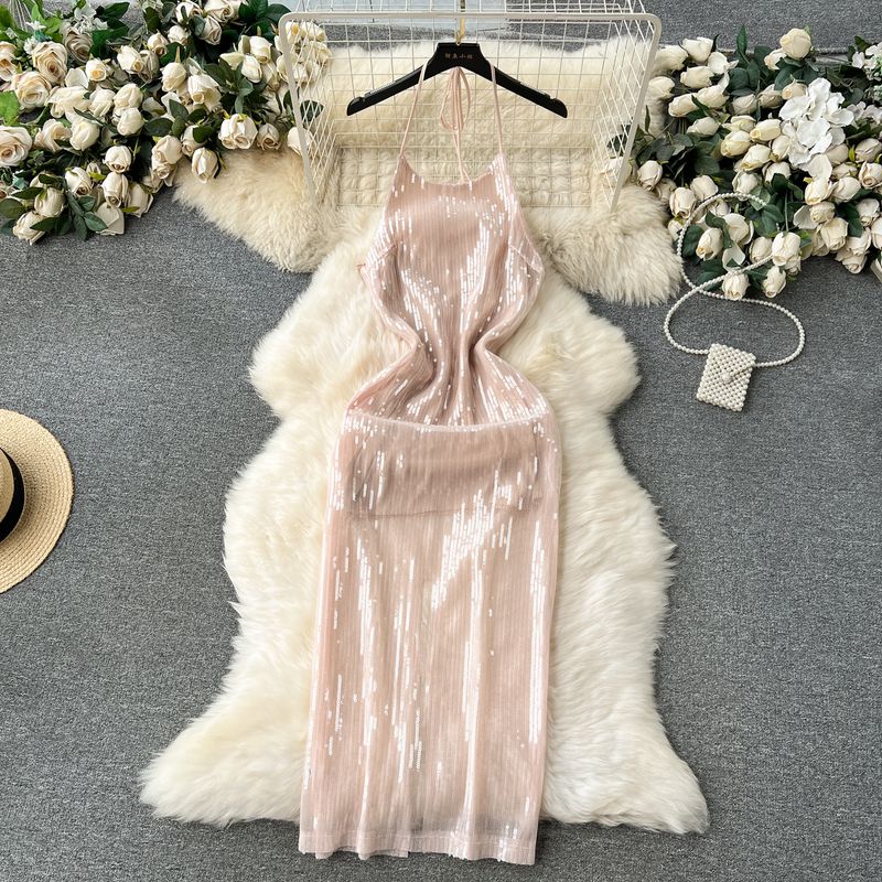 

Accessible Luxury Backless Slim Fit Halterneck Dress New Arrival Sequin Nude S